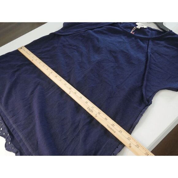 Umgee Linen Blend Back Lace Detail Round Neck Short Sleeve Top with Ruffle Hem S - Picture 5 of 8